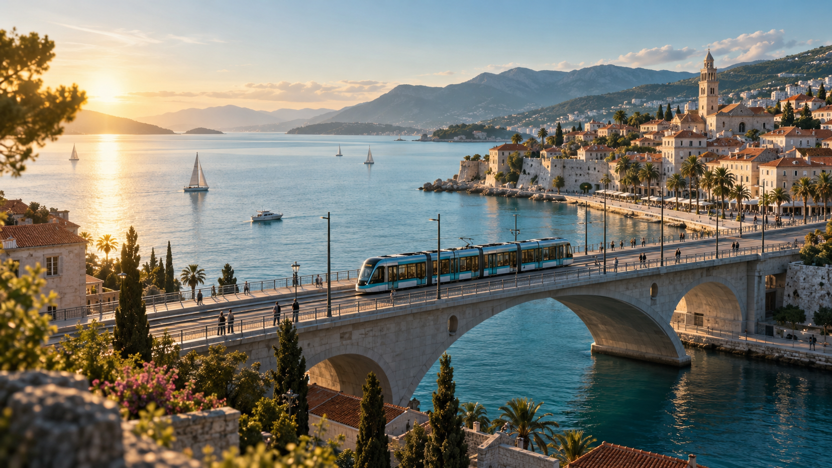 Illustrative coastal story with a tram beside the harbor.